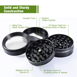 Herb Grinder, IKICH Spice Grinder 2" Tobacco Spice Herb Grinder with Pollen Scraper, 4 Layers & 3-Chambers with Powerful Magnetic Lid, 24 Razor-Sharp Teeth, Made of Zinc Alloy, Smellproof - Black