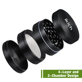Herb Grinder, IKICH Spice Grinder 2" Tobacco Spice Herb Grinder with Pollen Scraper, 4 Layers & 3-Chambers with Powerful Magnetic Lid, 24 Razor-Sharp Teeth, Made of Zinc Alloy, Smellproof - Black