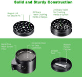 IKICH Spice Herb Grinder【Upgraged Version】 4-Layer 3-Chamber Tobacco Herb Grinder, 4-Piece 2" Heavy Duty Anodized Aluminum with Cabinet Door, 54 Sharper Teeth Cleaning Scraper, Black