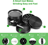 IKICH Spice Herb Grinder【Upgraged Version】 4-Layer 3-Chamber Tobacco Herb Grinder, 4-Piece 2" Heavy Duty Anodized Aluminum with Cabinet Door, 54 Sharper Teeth Cleaning Scraper, Black