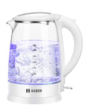 Habor 1.7L 1500W Electric Glass Kettle with Visible Blue Lights Bright Glass Body, Auto Shut-Off Boil-Dry Protection, White
