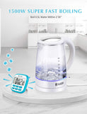 Habor 1.7L 1500W Electric Glass Kettle with Visible Blue Lights Bright Glass Body, Auto Shut-Off Boil-Dry Protection, White