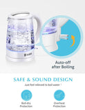 Habor 1.7L 1500W Electric Glass Kettle with Visible Blue Lights Bright Glass Body, Auto Shut-Off Boil-Dry Protection, White